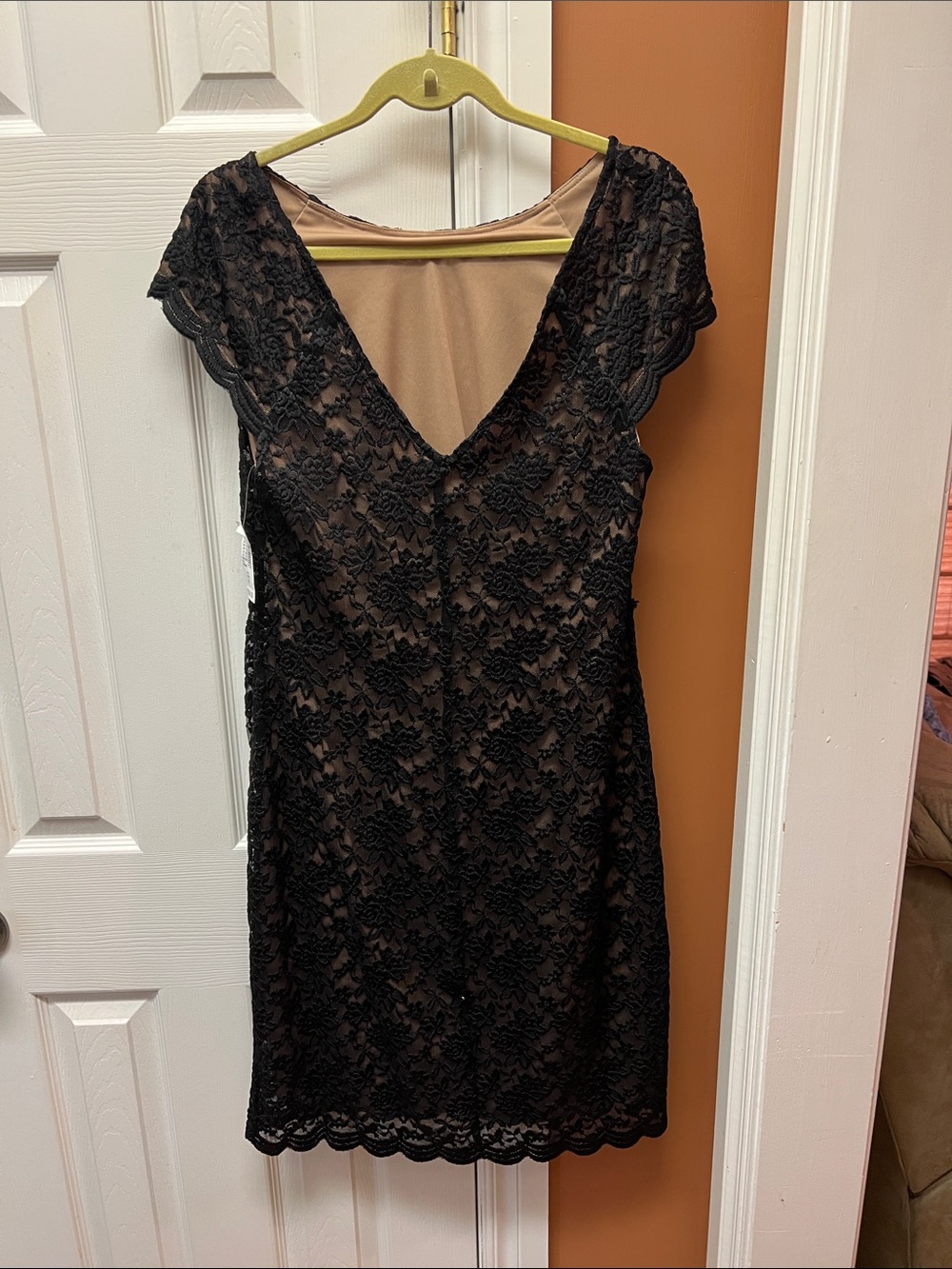 Black Lace V-Neck Dress with Nude Underlay